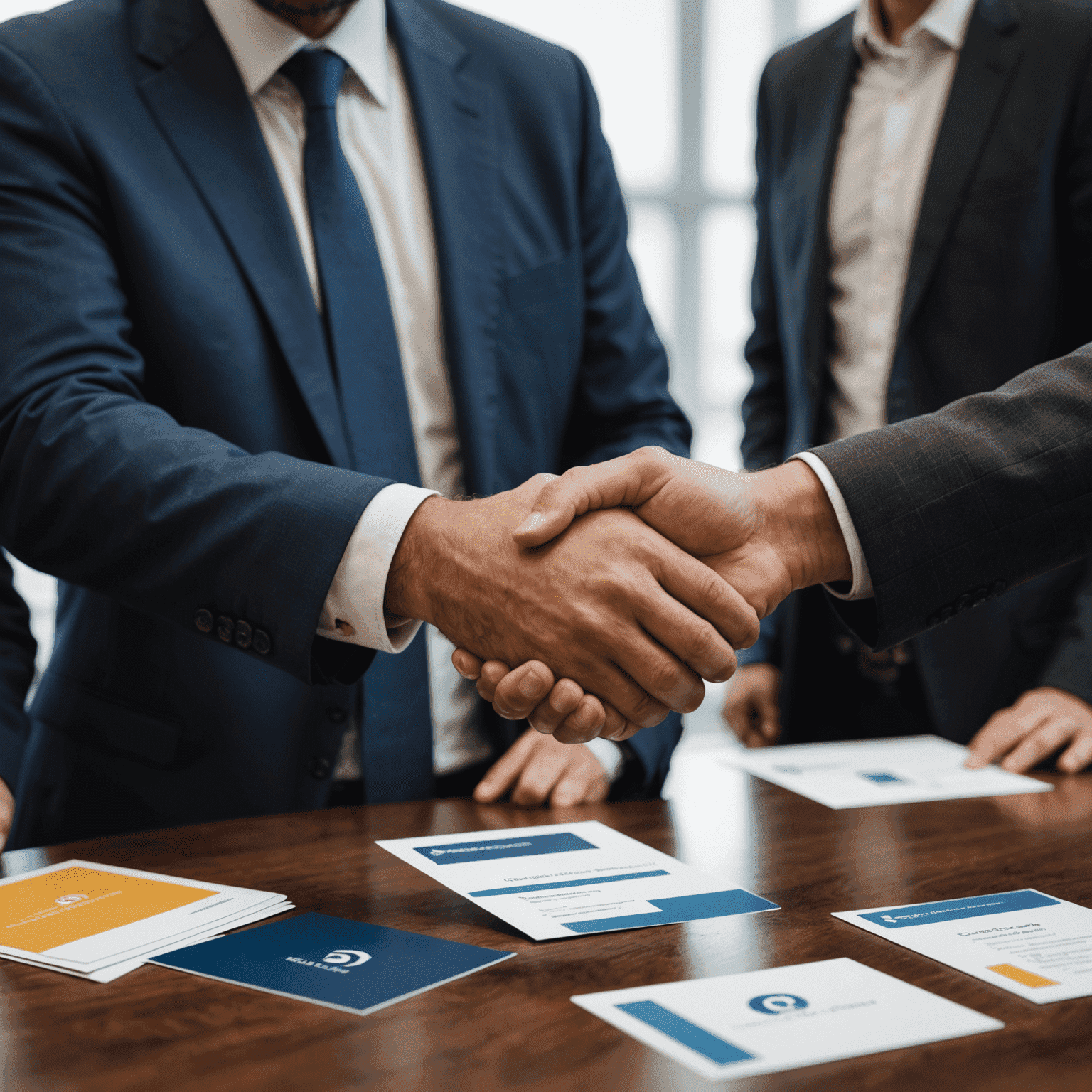 Oil industry professionals networking at a conference, shaking hands and exchanging business cards