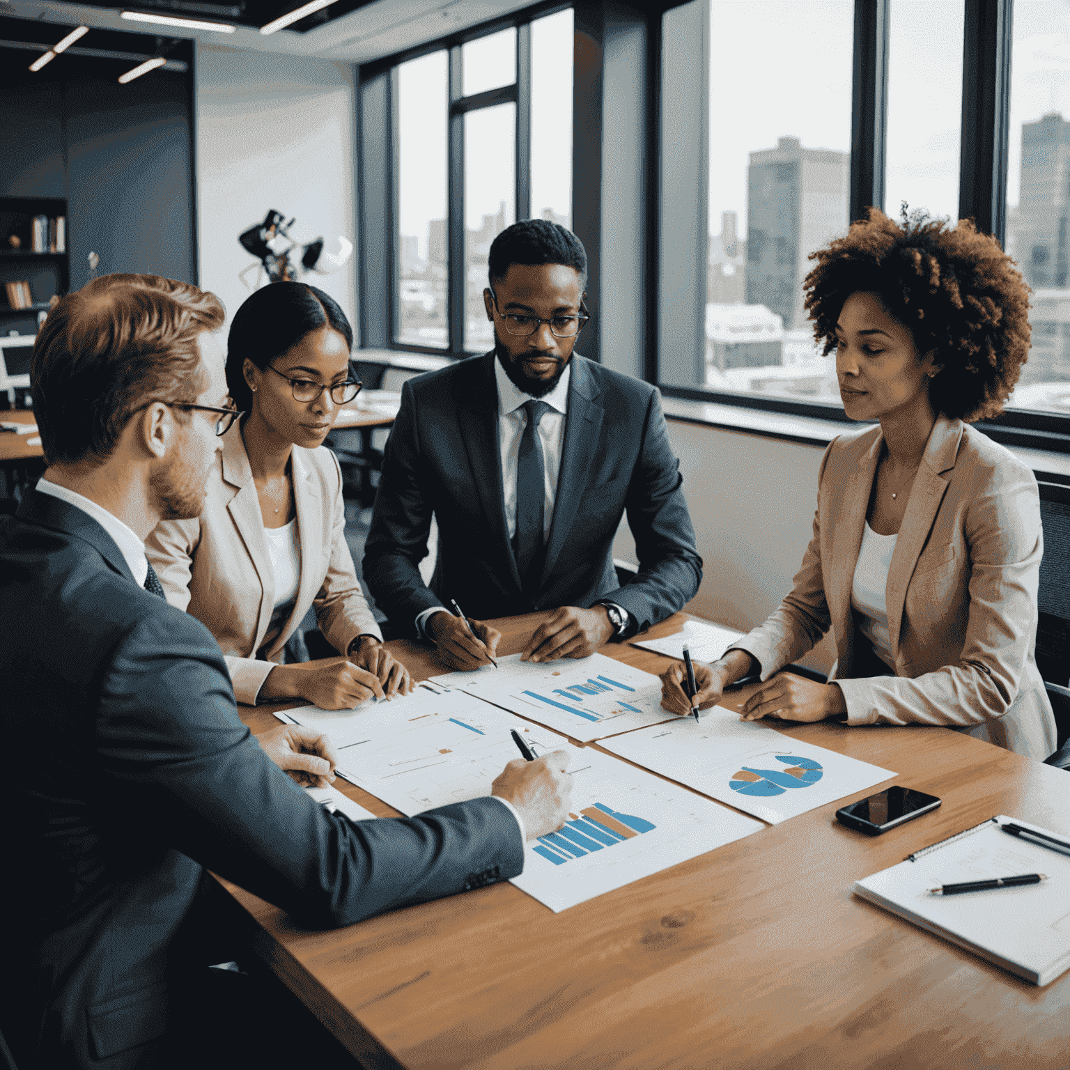 A diverse group of oil industry professionals collaborating on a project in a modern office setting